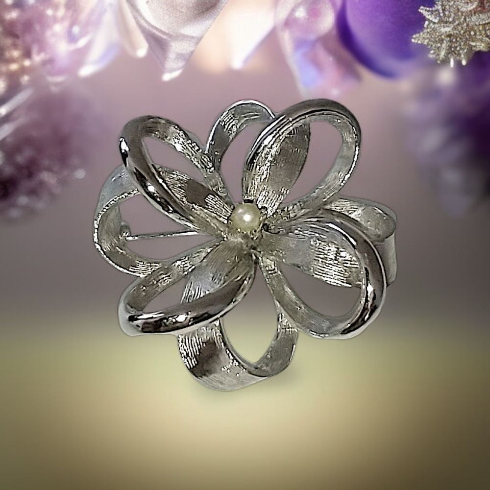 Vintage Flower Brooch Ribbon Pin Faux Pearl Silver Tone Brushed Large Open Work.